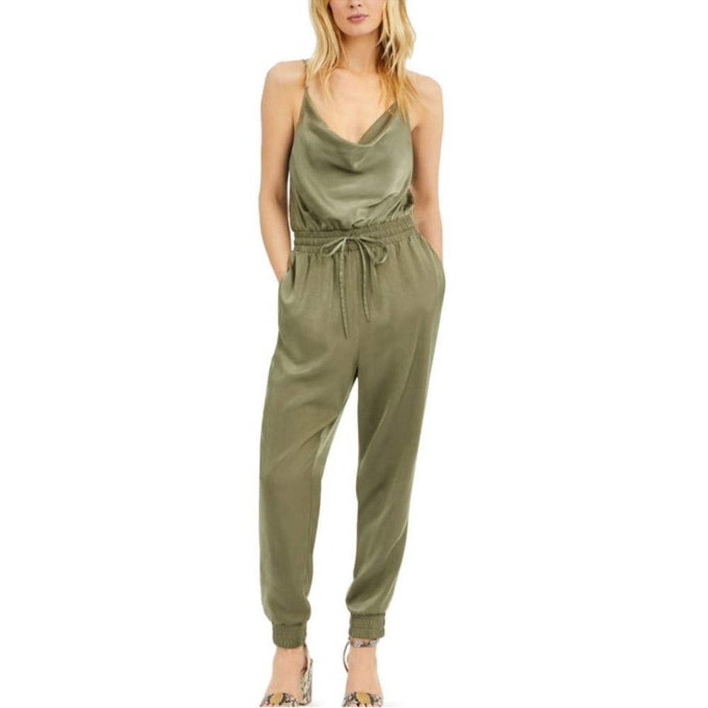 Bar III Satin Jogger Jumpsuit Dusty Olive